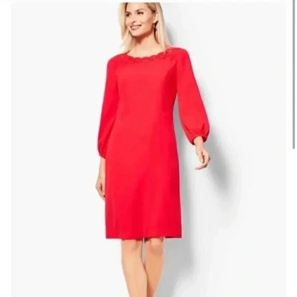 Talbots Red Eyelet Collar Balloon Sleeve Dress Size 6p